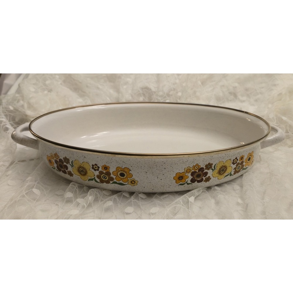 VTG 70's Harvest Blossom Porcelain Enamel Cookware Casserole Dish